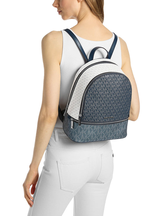 Michael Kors Women's Rhea Medium Metallic Signature Logo Backpack Navy/Silver