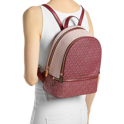 Michael Kors Women's Rhea Medium Metallic Signature Logo Backpack Cherry/Gold