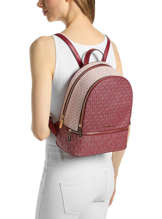 Michael Kors Women's Rhea Medium Metallic Signature Logo Backpack Cherry/Gold