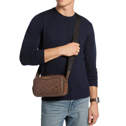 Michael Kors Men's Hudson Logo Embossed Burnished Leather Crossbody Bag Chocolate