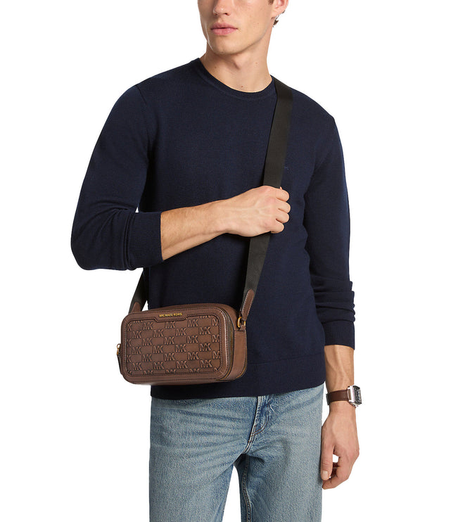 Michael Kors Men's Hudson Logo Embossed Burnished Leather Crossbody Bag Chocolate