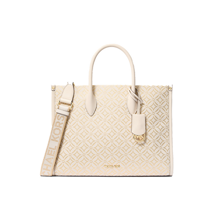 Michael Kors Women's Mirella Medium Metallic Logo Jacquard Tote Bag Light Cream Multi