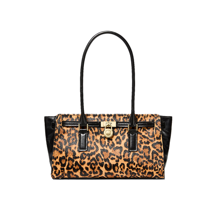 Michael Kors Women's Hamilton Moderne Small Leopard Print Calf Hair Satchel Bag Marigold