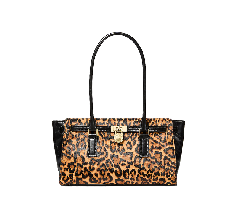 Michael Kors Women's Hamilton Moderne Small Leopard Print Calf Hair Satchel Bag Marigold