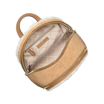 Michael Kors Women's Rhea Medium Suede and Faux Shearling Backpack Peanut/Gold