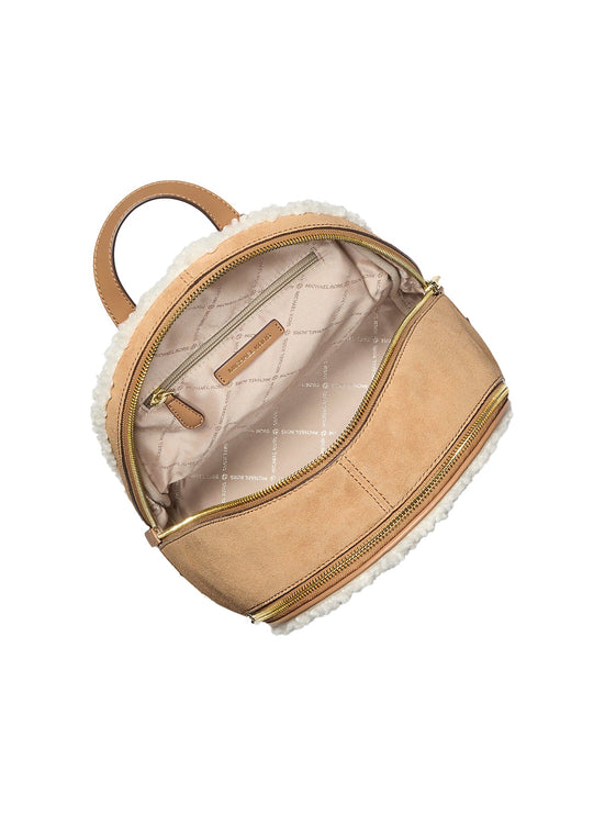 Michael Kors Women's Rhea Medium Suede and Faux Shearling Backpack Peanut/Gold