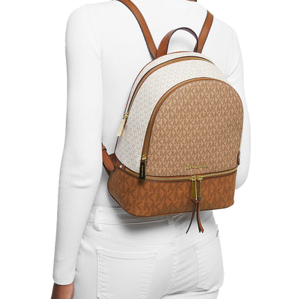 Michael Kors Women's Rhea Medium Color-Block Logo Backpack Camel Combo