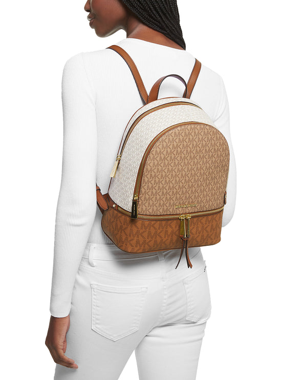 Michael Kors Women's Rhea Medium Color-Block Logo Backpack Camel Combo