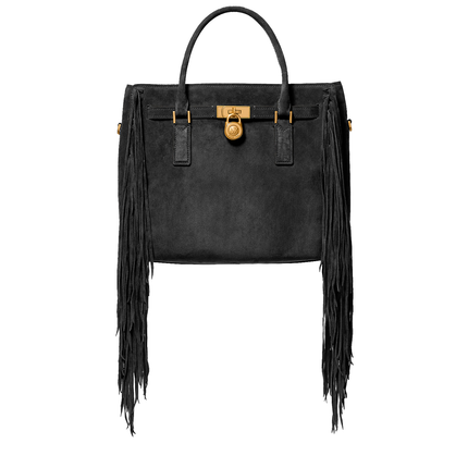 Michael Kors Women's Hamilton Moderne Large Fringed Suede Satchel Bag Black/Gold