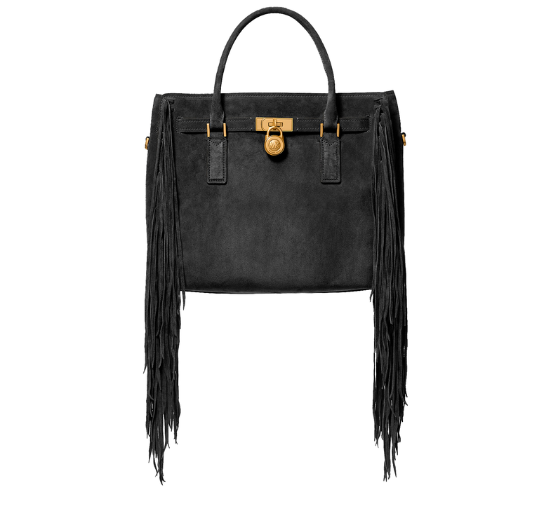 Michael Kors Women's Hamilton Moderne Large Fringed Suede Satchel Bag Black/Gold