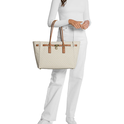 Michael Kors Women's Hamilton Moderne Large Signature Logo Tote Bag Vanilla/Acorn/Gold