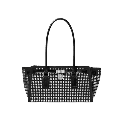 Michael Kors Women's Hamilton Moderne Small Studded Suede Satchel Bag Black/Silver