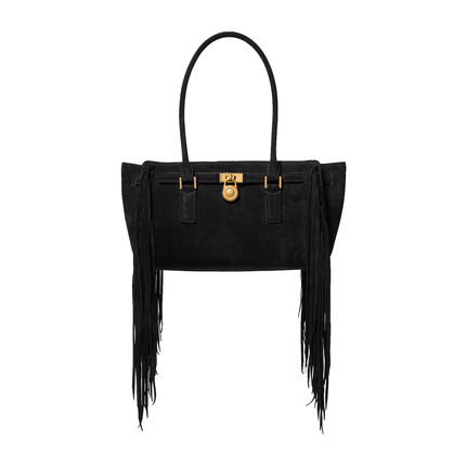 Michael Kors Women's Hamilton Moderne Small Fringed Suede Satchel Bag Black/Gold