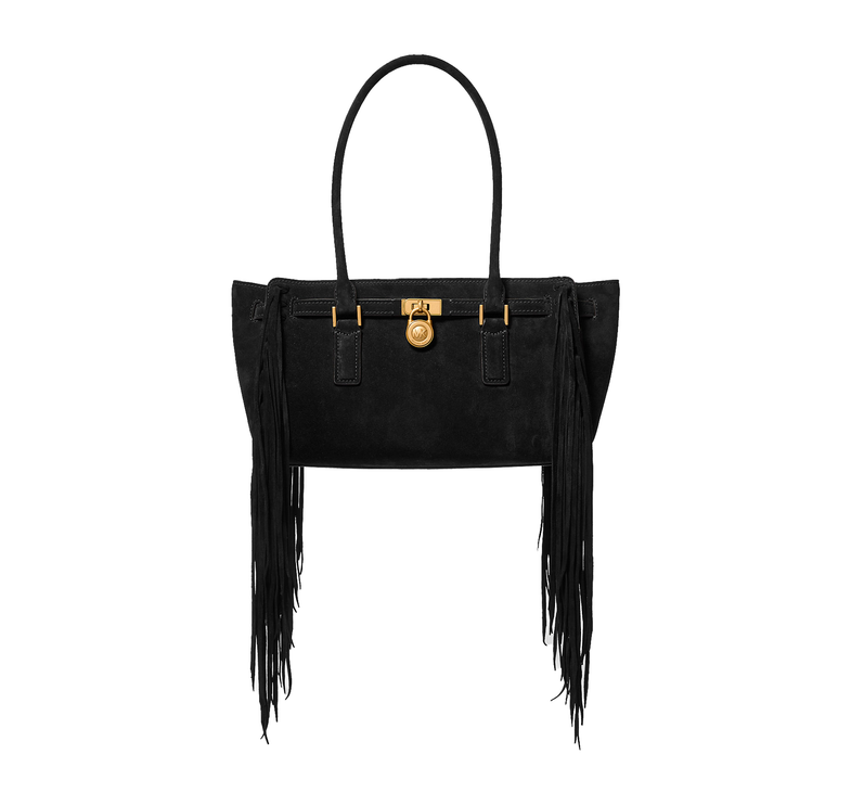 Michael Kors Women's Hamilton Moderne Small Fringed Suede Satchel Bag Black/Gold