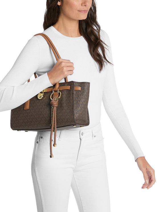 Michael Kors Women's Hamilton Moderne Small Signature Logo Satchel Bag Brown/Acorn/Gold