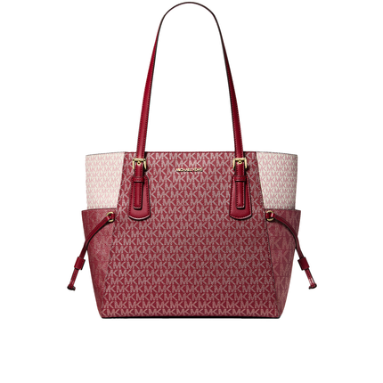 Michael Kors Women's Voyager Large Color-Block Metallic Signature Logo Tote Bag Cherry/Gold
