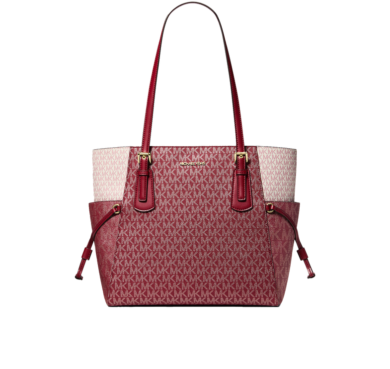 Michael Kors Women's Voyager Large Color-Block Metallic Signature Logo Tote Bag Cherry/Gold