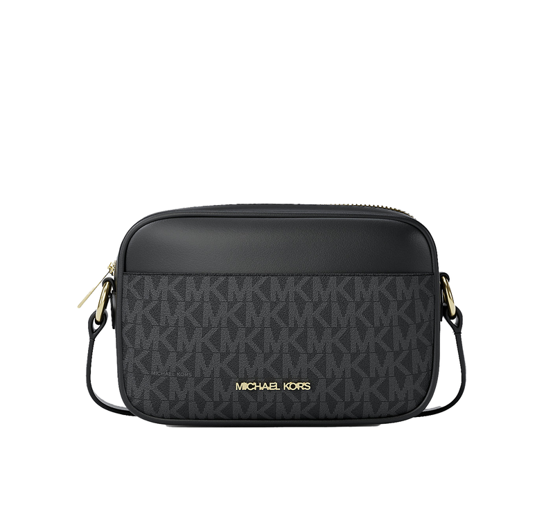 Michael Kors Women's Jet Set Small Signature Logo Camera Crossbody Bag Black/Gold