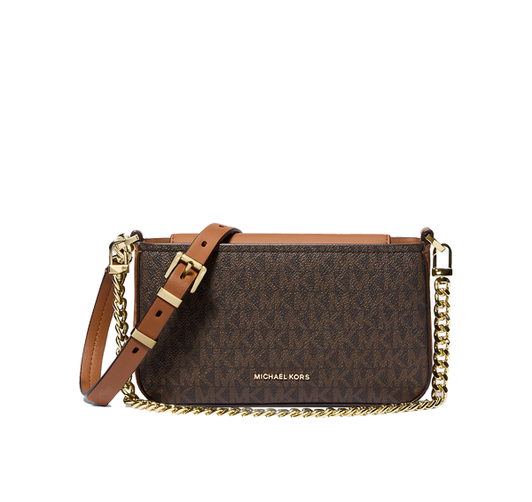 Michael Kors Women's Bryant Small Signature Logo Convertible Pochette Bag Brown/Acorn/Gold