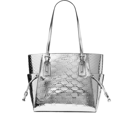 Michael Kors Women's Voyager Large Patent Logo Debossed Tote Bag Silver