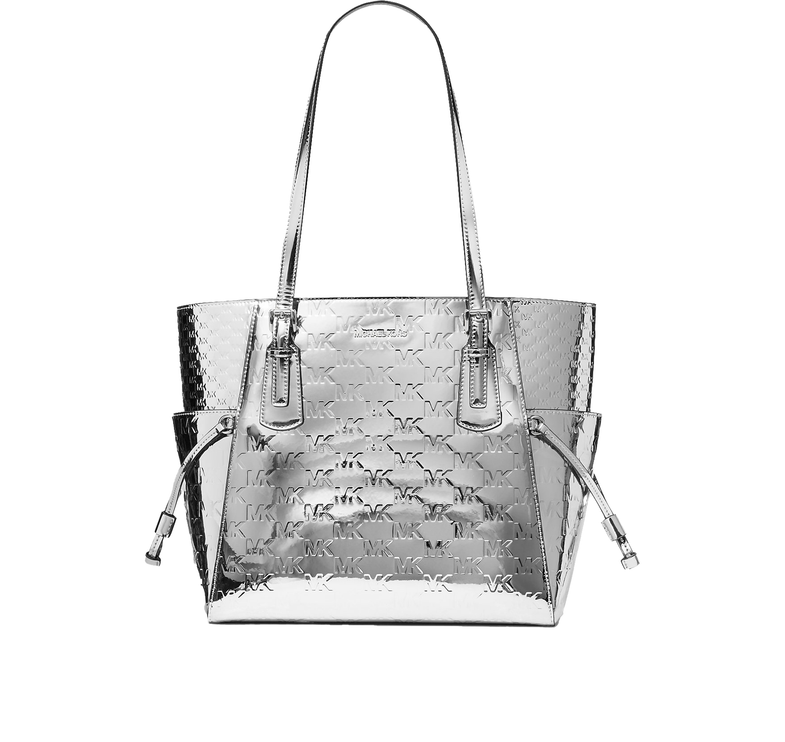 Michael Kors Women's Voyager Large Patent Logo Debossed Tote Bag Silver