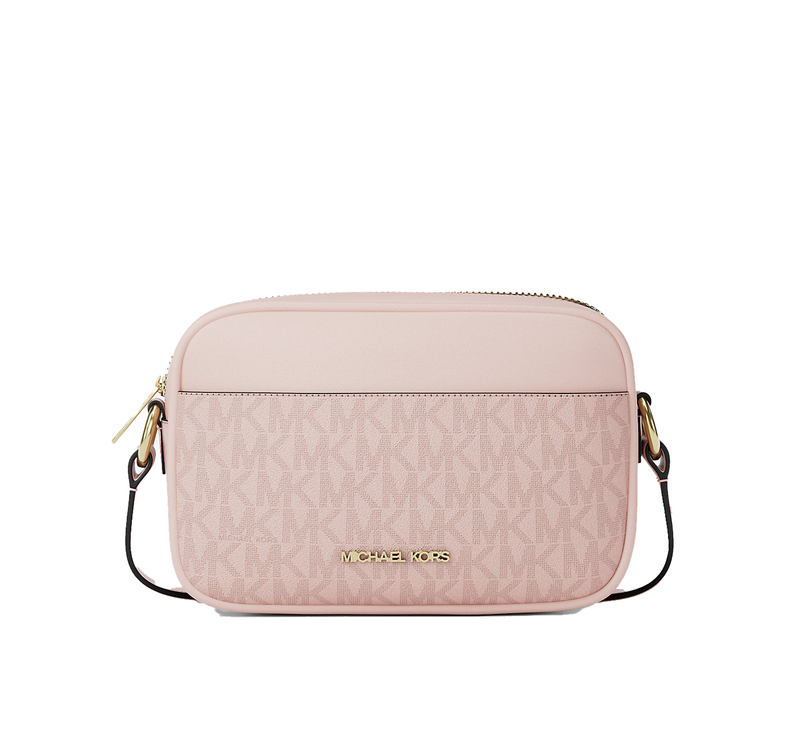Michael Kors Women's Jet Set Small Signature Logo Camera Crossbody Bag Powder Blush/Gold