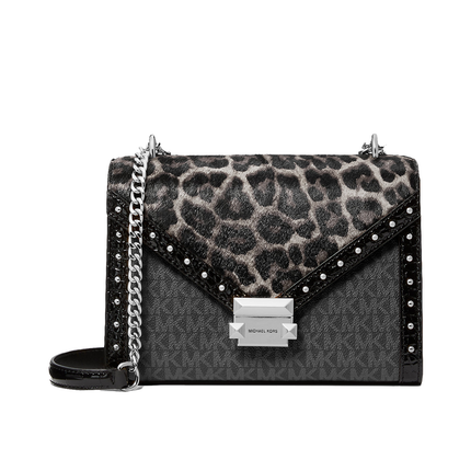 Michael Kors Women's Whitney Medium Signature Logo and Leopard Print Calf Hair Shoulder Bag Black/Silver