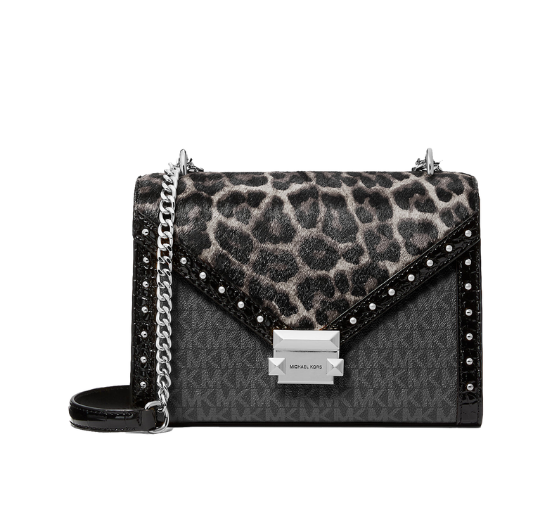 Michael Kors Women's Whitney Medium Signature Logo and Leopard Print Calf Hair Shoulder Bag Black/Silver
