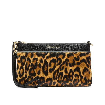 Michael Kors Women's Jet Set Medium Leopard Print Calf Hair and Leather Wristlet Marigold