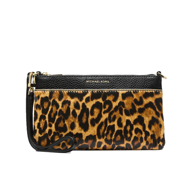Michael Kors Women's Jet Set Medium Leopard Print Calf Hair and Leather Wristlet Marigold