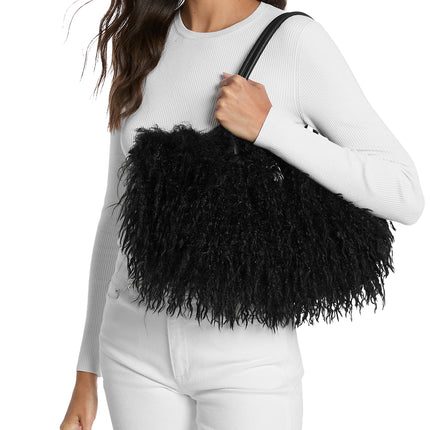 Michael Kors Women's Hamilton Moderne Small Faux Shearling Satchel Bag Black