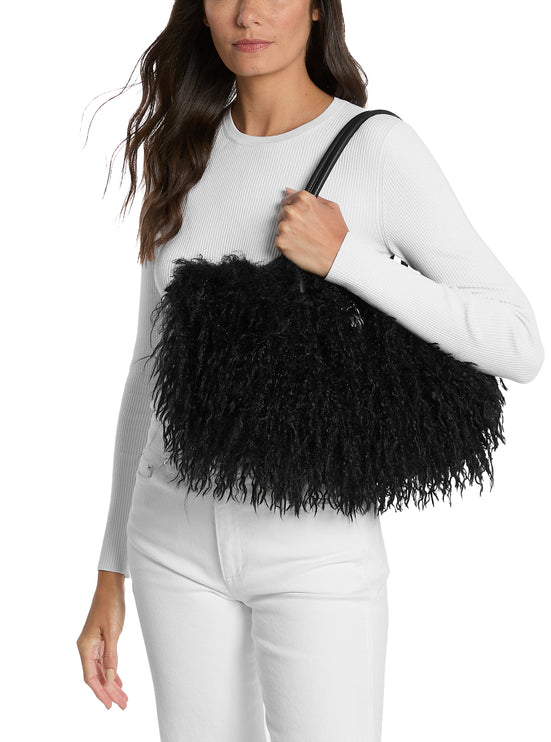 Michael Kors Women's Hamilton Moderne Small Faux Shearling Satchel Bag Black