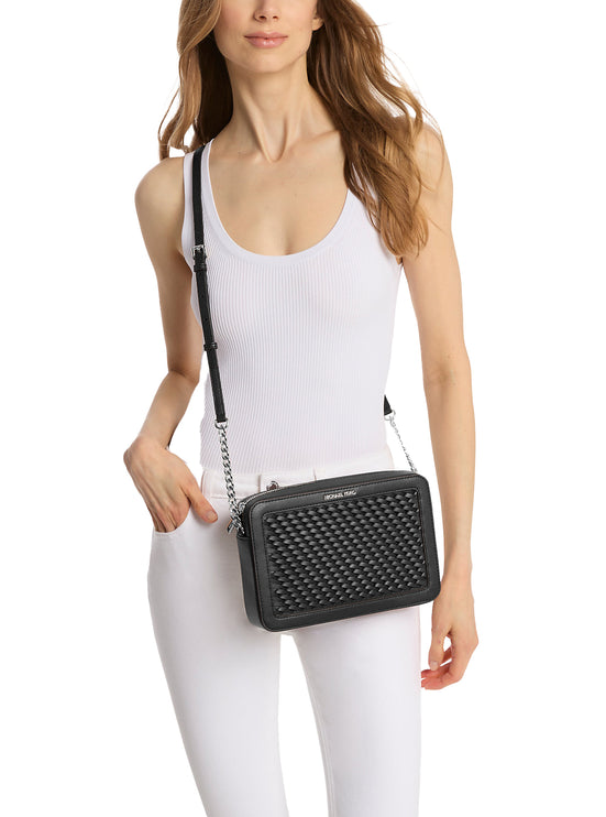 Michael Kors Women's Jet Set Large Woven Crossbody Bag Black/Silver