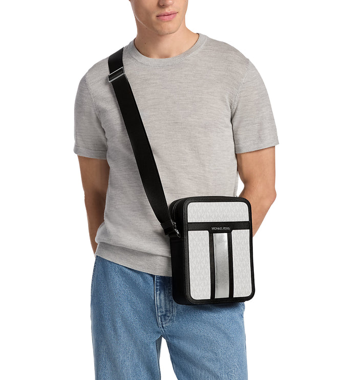 Michael Kors Men's Cooper Signature Logo Stripe Flight Bag Silver