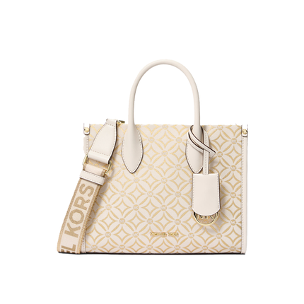 Michael Kors Women's Mirella Small Metallic Logo Jacquard Crossbody Bag Light Cream Multi