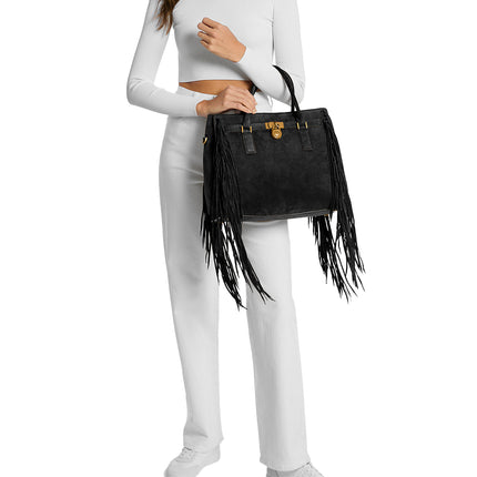 Michael Kors Women's Hamilton Moderne Large Fringed Suede Satchel Bag Black/Gold