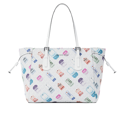Michael Kors Women's Voyager Large Printed Signature Logo Tote Bag Optic White