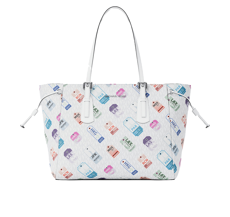 Michael Kors Women's Voyager Large Printed Signature Logo Tote Bag Optic White