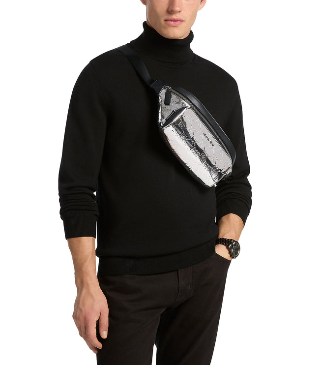 Michael Kors Men's Cooper Medium Metallic Logo Debossed Utility Sling Pack Silver