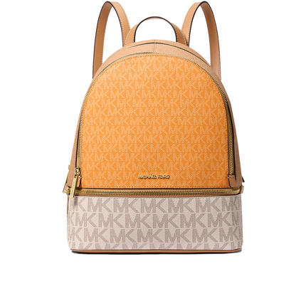 Michael Kors Women's Rhea Medium Color-Block Signature Logo Backpack Pop Orange Multi/Gold