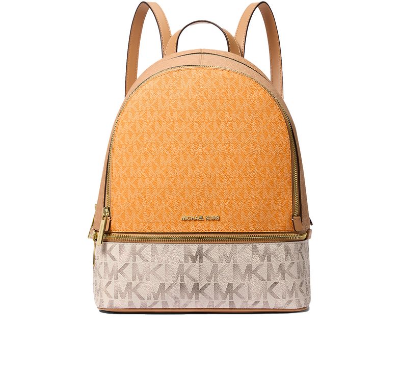 Michael Kors Women's Rhea Medium Color-Block Signature Logo Backpack Pop Orange Multi/Gold