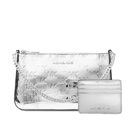 Michael Kors Women's Jet Set Patent Logo Debossed Pochette and Card Case Gift Set Silver