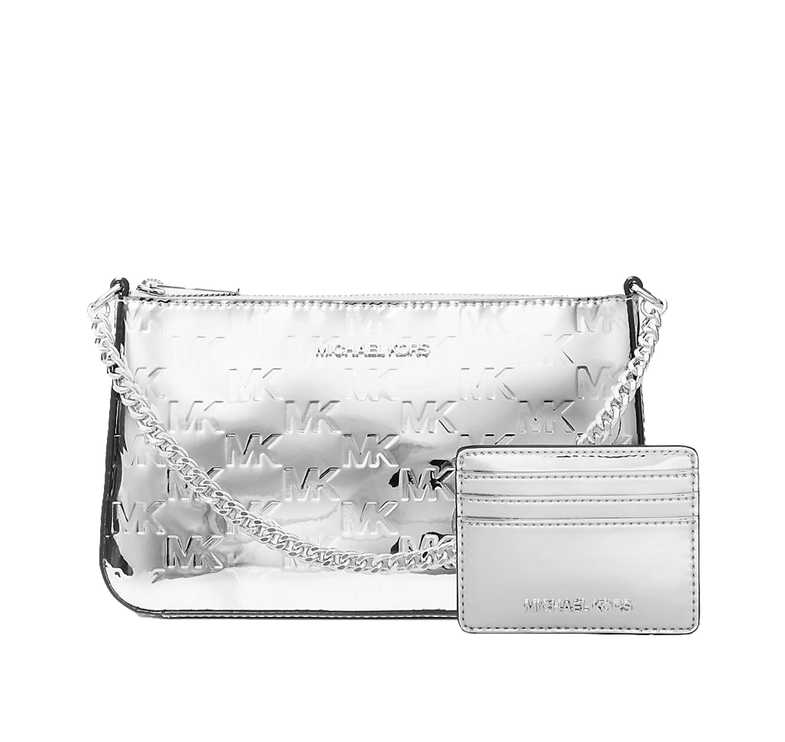 Michael Kors Women's Jet Set Patent Logo Debossed Pochette and Card Case Gift Set Silver