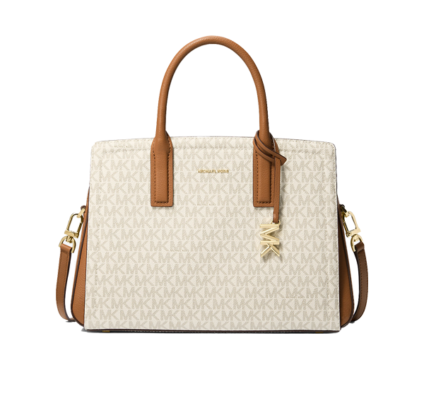 Michael Kors Women's Laila Medium Signature Logo Satchel Bag Vanilla/Acorn/Gold