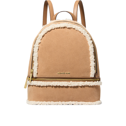 Michael Kors Women's Rhea Medium Suede and Faux Shearling Backpack Peanut/Gold