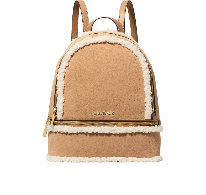 Michael Kors Women's Rhea Medium Suede and Faux Shearling Backpack Peanut/Gold