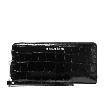 Michael Kors Women's Jet Set Travel Metallic Crocodile Embossed Leather Continental Wallet Black/Silver