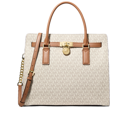 Michael Kors Women's Hamilton Moderne Large Signature Logo Satchel Bag Vanilla/Acorn/Gold