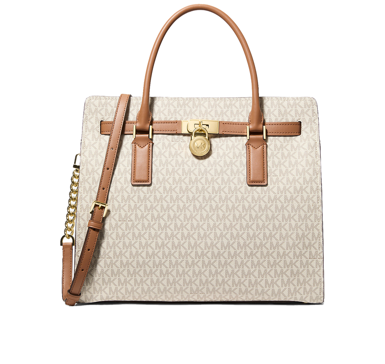 Michael Kors Women's Hamilton Moderne Large Signature Logo Satchel Bag Vanilla/Acorn/Gold
