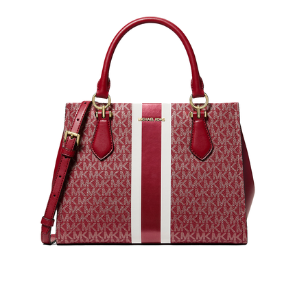 Michael Kors Women's Marilyn Medium Signature Logo Stripe Satchel Bag Cherry/Gold